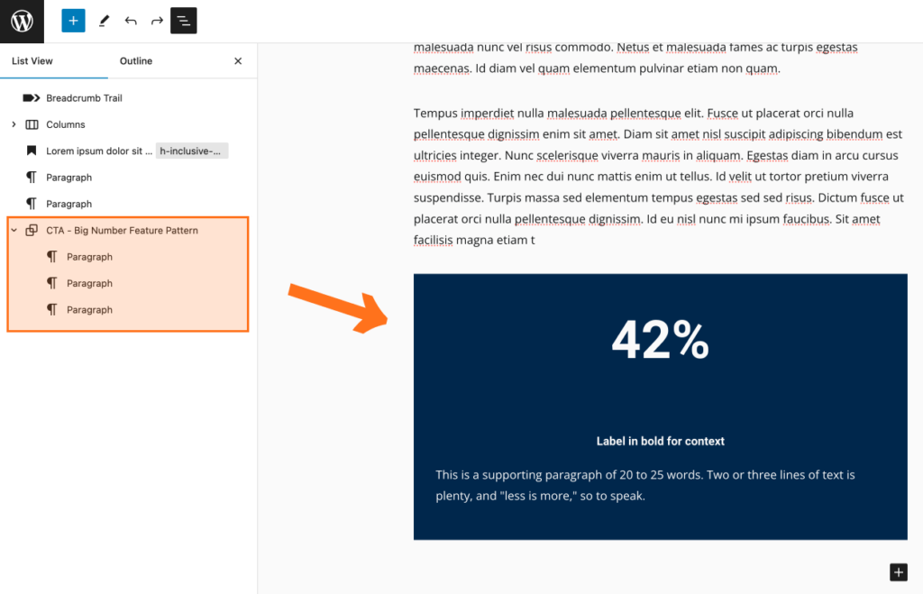 Edit the blocks within a pattern by selecting the blocks directly or viewing them in list view, on the left side bar.