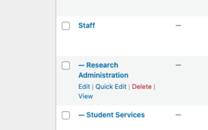 screen shot of Roles list in wordpress dashboard, showing the role:Reaseach Administrator with options to Edit, quick edit, delete or view